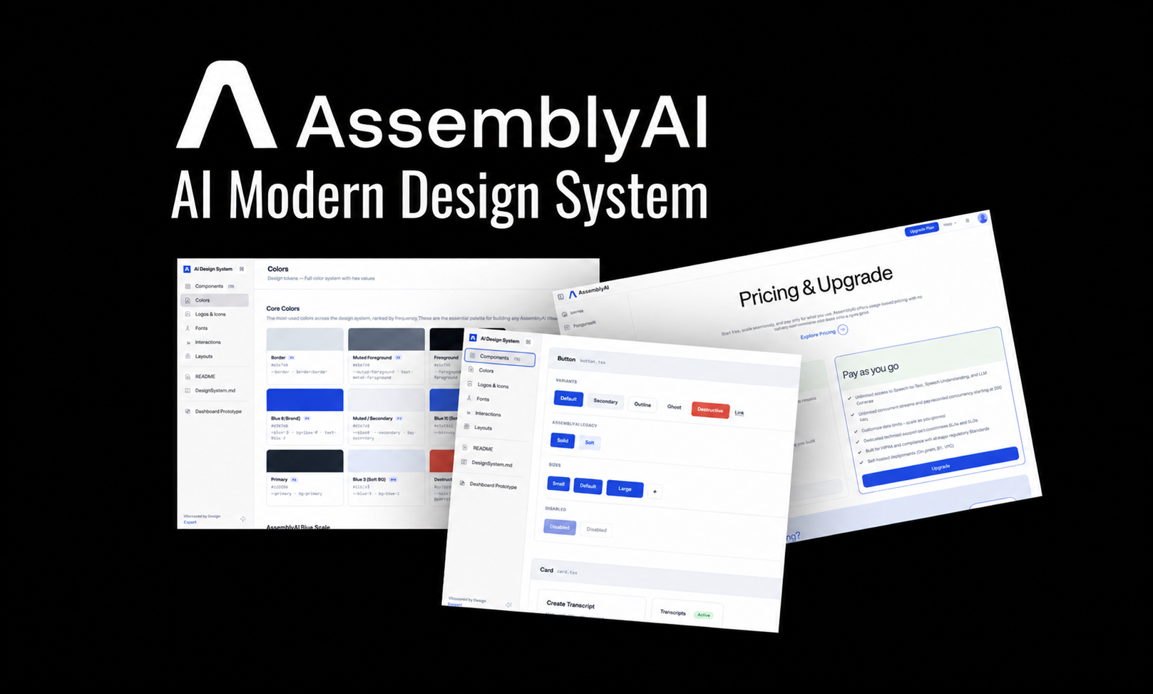 AssemblyAI design system with color tokens, reusable components, and a pricing interface