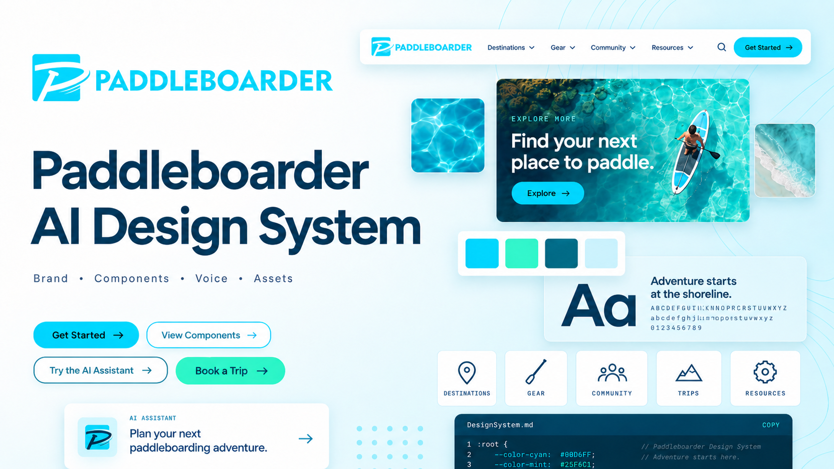 Paddleboarder design system: brand, components, voice, and assets